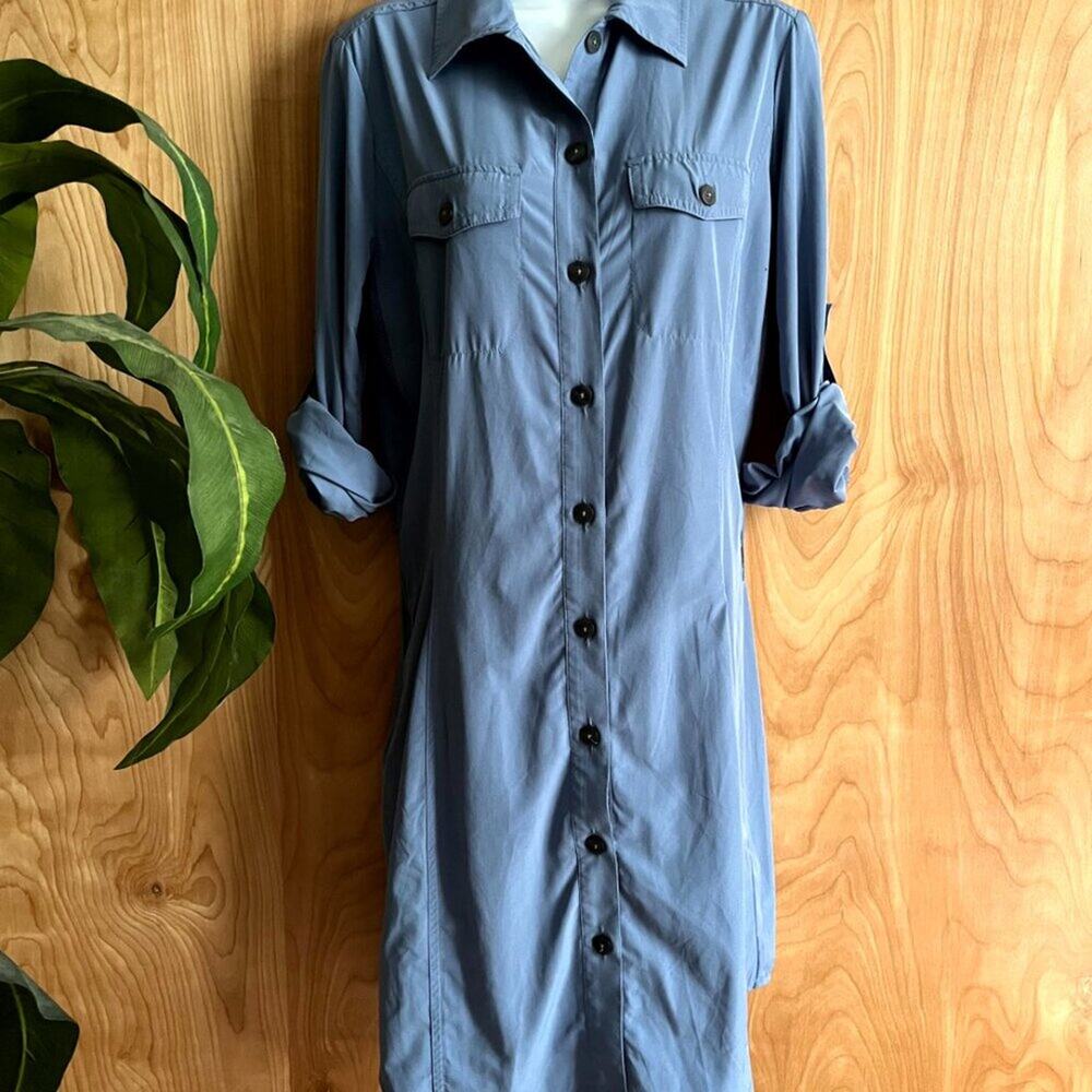 Coolibar UPF 50+ Blue Long Sleeve Button-Down Travel Dress size 8 Great Vacation